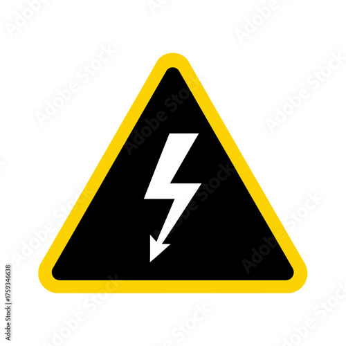 A black triangle warning sign with a yellow border features a white lightning bolt symbol indicating a hazard or danger of electricity.