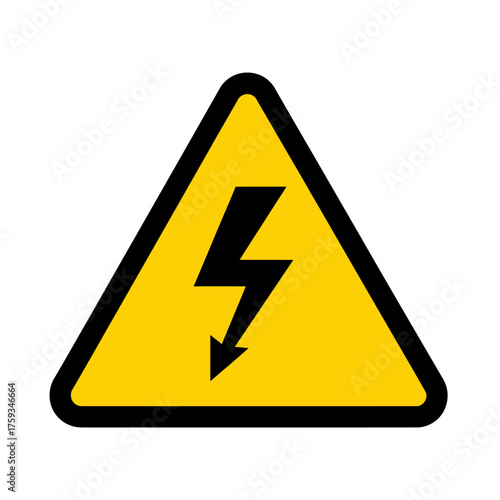 A vibrant yellow triangular sign with a stark black lightning bolt warns of potential high voltage and electrical hazards in a clear and simple design.