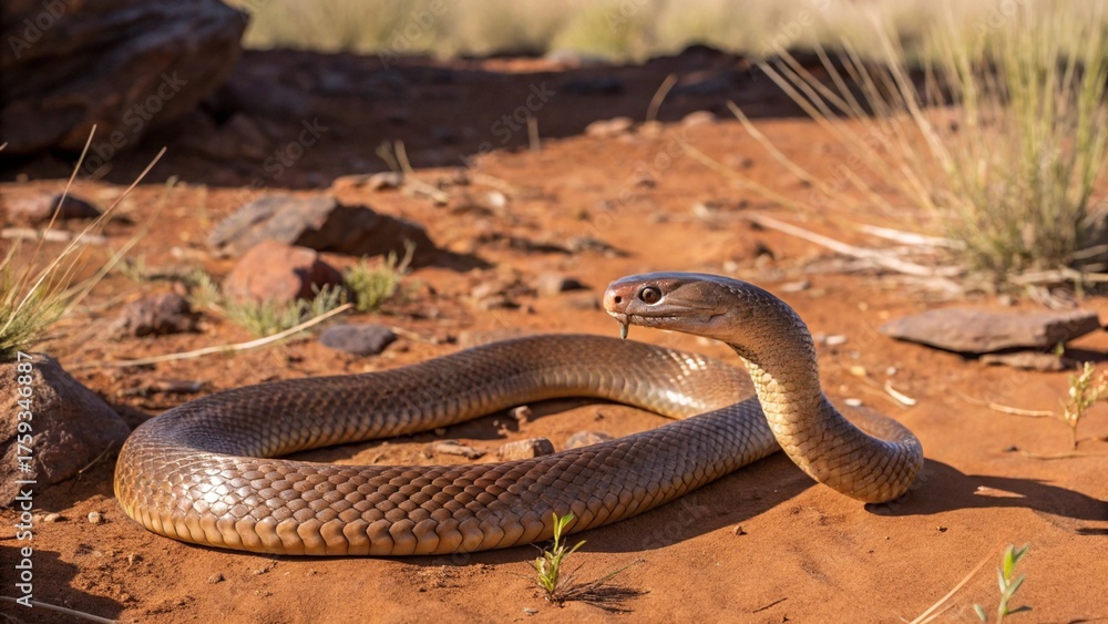 Fototapeta premium Mulga Snake (King Brown Snake) in natural Australian habitat, coiled on red desert soil with grass and rocks, detailed scales, sunlight, wildlife photography