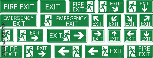 Emergency Exit Icon set. Vector illustration of running man and exit door sign. Escape and evacuation symbol. Various exit sign isolated white background.Evacuation and relocation of people to safety.