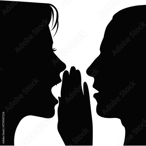 Silhouette of two people talking secretly, whisper communication concept, gossip and confidential conversation illustration isolated on white background