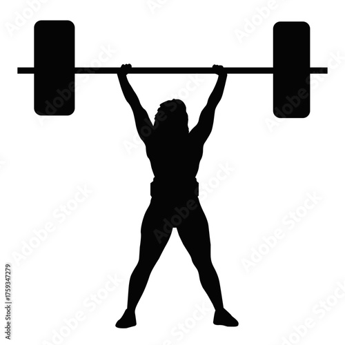 Silhouette of weightlifter lifting barbell overhead, strength training and bodybuilding illustration. Fitness and power sport concept isolated on white background