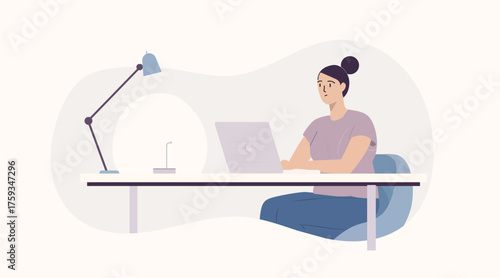 A minimalist vector illustration of a faceless person with subtle suggestions of facial features, sitting at a sleek modern desk with clean lines, working on a slim laptop with a softly glowing screen