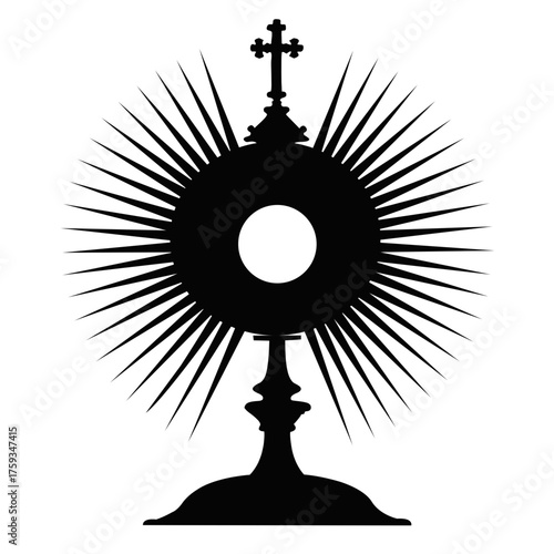 Catholic monstrance silhouette with rays and cross. Eucharistic adoration symbol, sacred religious vessel illustration and Christian worship icon isolated on white background