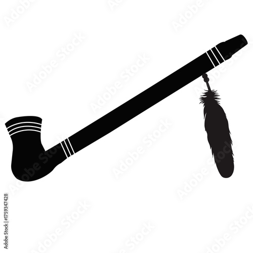 Traditional Native American ceremonial peace pipe silhouette with feather. Indigenous culture smoking pipe illustration and tribal heritage symbol isolated on white background