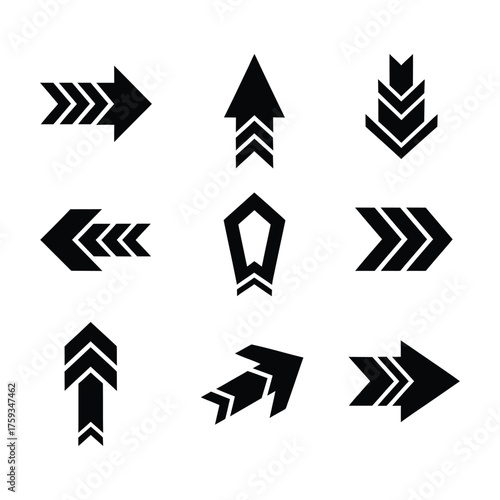 Set of simple geometric arrow shapes pointing different ways
