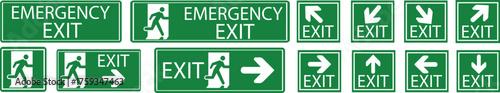 Emergency Exit Icon set. Vector illustration of running man and exit door sign. Escape and evacuation symbol. Various exit sign isolated white background.Evacuation and relocation of people to safety.