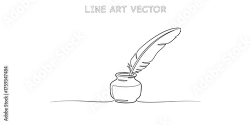 Elegant feather pen and inkwell sketch drawing simple line art