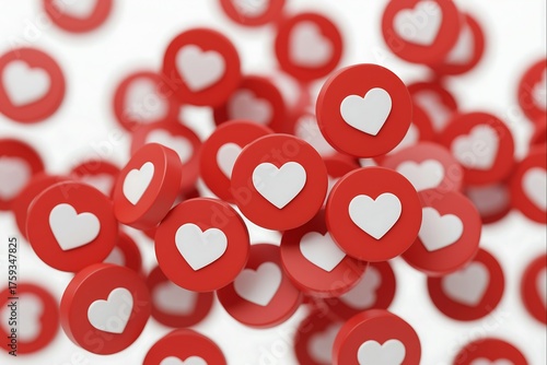 Pile of 3D Red Heart Shape Icons on White Background