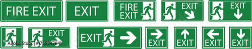 Emergency Exit Icon set. Vector illustration of running man and exit door sign. Escape and evacuation symbol. Various exit sign isolated white background.Evacuation and relocation of people to safety.