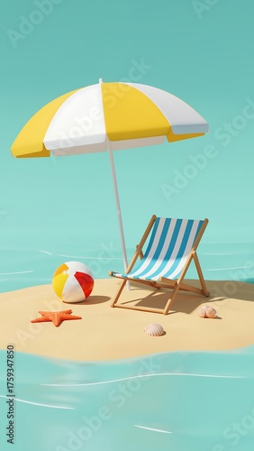 Relaxing beach scene with umbrella chair and starfish for summer vacation