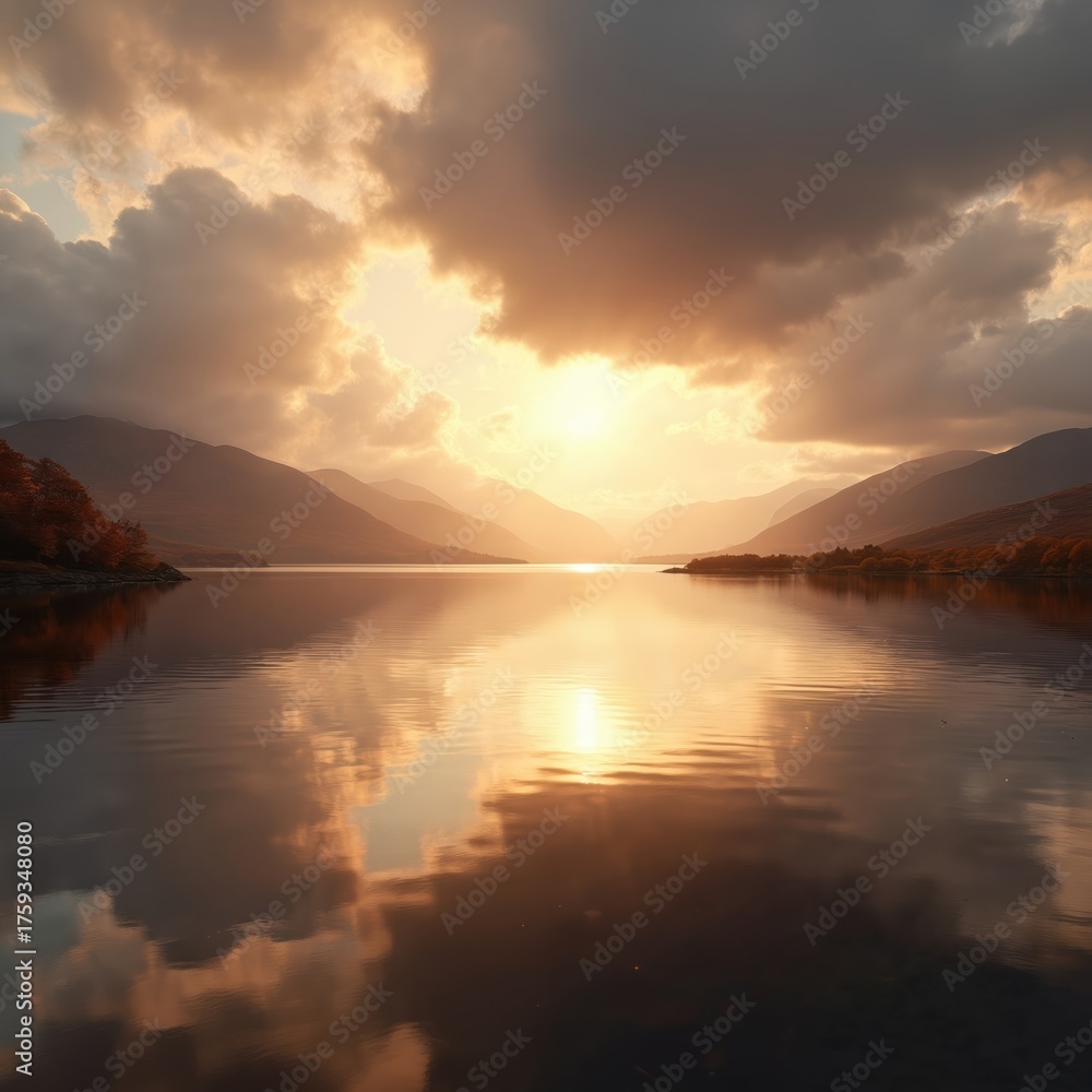 Obraz premium Golden sun shines over calm lake water, mirroring bright sky. Majestic mountain range creates dramatic landscape reflection. Autumn trees line distant shore. Peaceful nature scene evokes quiet beauty