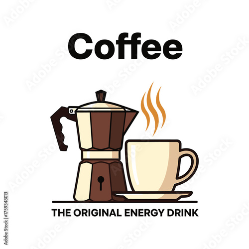 Coffee pot and cup with steam moka pot saucer