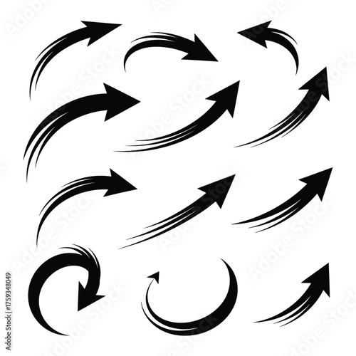 Collection of hand drawn brush stroke arrows pointing different directions