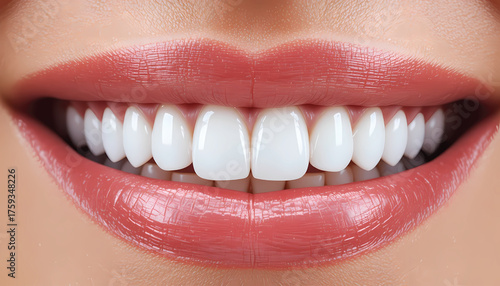 Close-up of a smiling mouth featuring glossy pink lips and bright white teeth. Ideal for beauty, cosmetic, dental care, wellness, and confident smile stock imagery