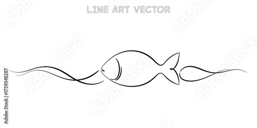 Simple line art fish swimming through water waves