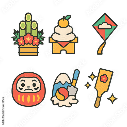 正月の縁起物アイコンセット｜Japanese New Year Icons Set