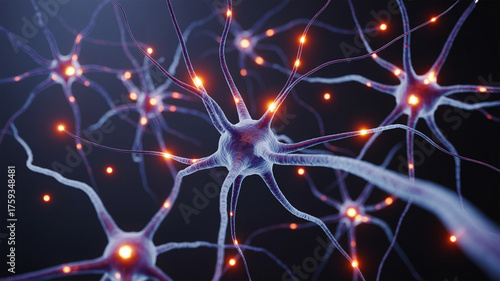 Close up view of multiple neurons with glowing synapses against a dark blue background in detail