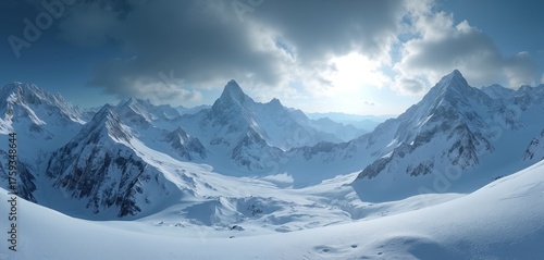 Fototapeta Naklejka Na Ścianę i Meble -  Vast snowy mountain range under dramatic clouds, bright sun. Jagged peaks stretch across horizon in majestic winter panorama. Serene, cold, icy landscape offers breathtaking natural beauty, adventure.