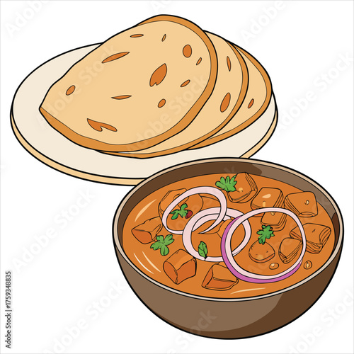 Chicken curry with roti bread illustration