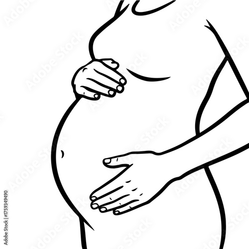 Simple black and white icon showing a pregnant woman being gently examined by a midwife's hands on her abdomen. Represents prenatal care, monitoring