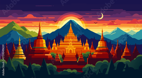 Ancient temple complex illustration golden pagodas, stupas, majestic mountains, and vibrant sunset sky. Serene cultural landscape beauty