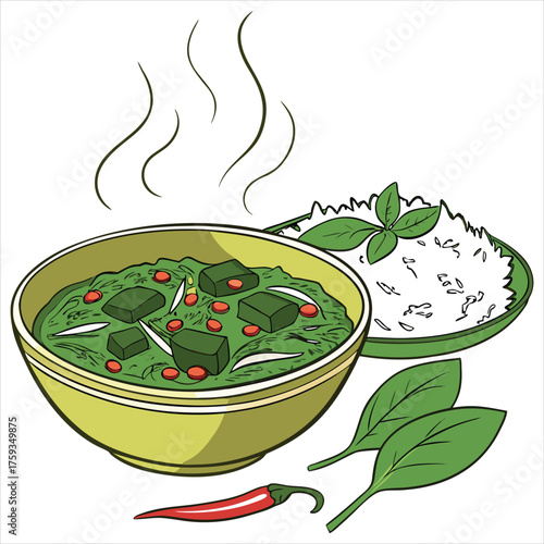 Saag paneer with rice, indian cuisine dish
