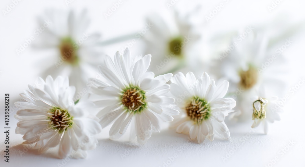 Fototapeta premium A delicate close-up captures the purity and simplicity of white daisies in a serene, natural setting. ..Created with Generative AI, not depicting real subjects.
