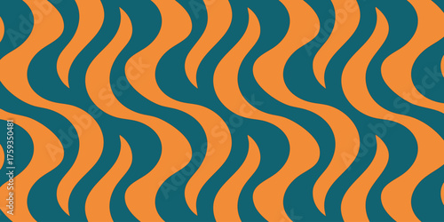 Flowing vertical orange wavy lines creating a seamless retro groovy pattern on a dark teal backdrop, a vintage inspired abstract background