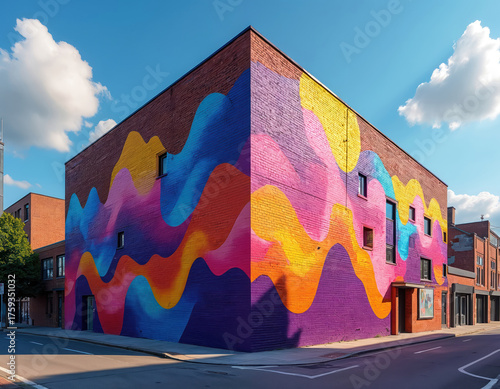 Corner building features large colorful mural with wavy abstract design. Blue sky, white clouds overhead. Urban street art brightens brick facade, adding visual interest to cityscape.