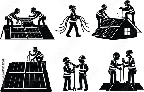 Black and White Icon Set of Construction Workers Assembling Walls, Installing Panels, Applying Sealant, and Celebrating Finished Interior Renovation Work, Vector Silhouettes.
