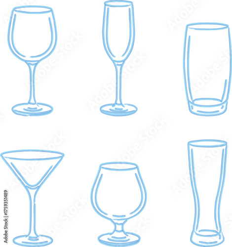 Assorted drink glasses outline set for bar service