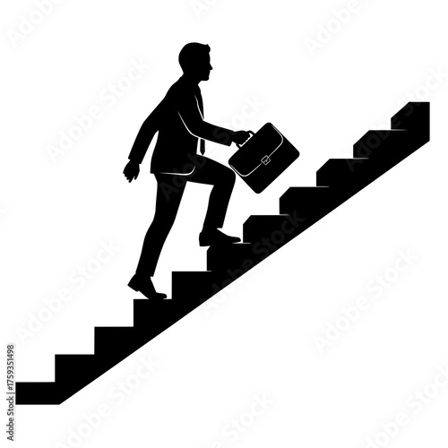 A black silhouette of a person climbing stairs while holding a briefcase. Perfect for business, success, career, motivation, corporate, professional designs, posters, digital artwork, presentations.