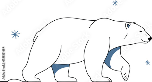 Illustrated polar bear walking in a snowy environment with snowflakes falling around it creating a winter scene perfect for seasonal designs