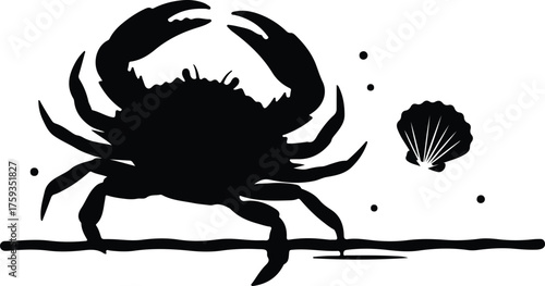 Vector Crab and seashell monochrome underwater life silhouette illustration