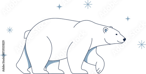 Illustrated polar bear walking in a winter scene with snowflakes falling around it creating a cold and arctic atmosphere for nature and wildlife