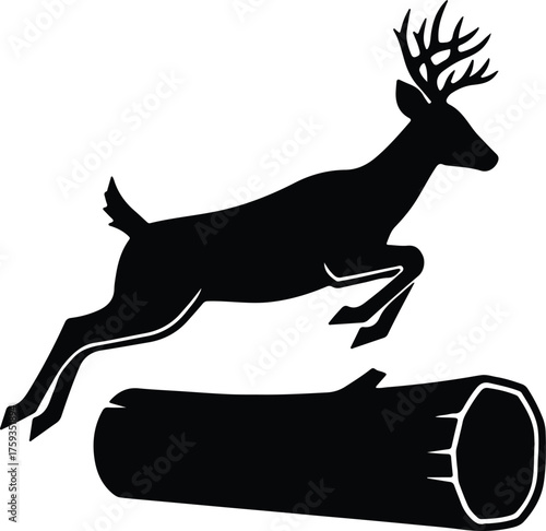 Vector deer jumping over log animal wildlife black silhouette illustration