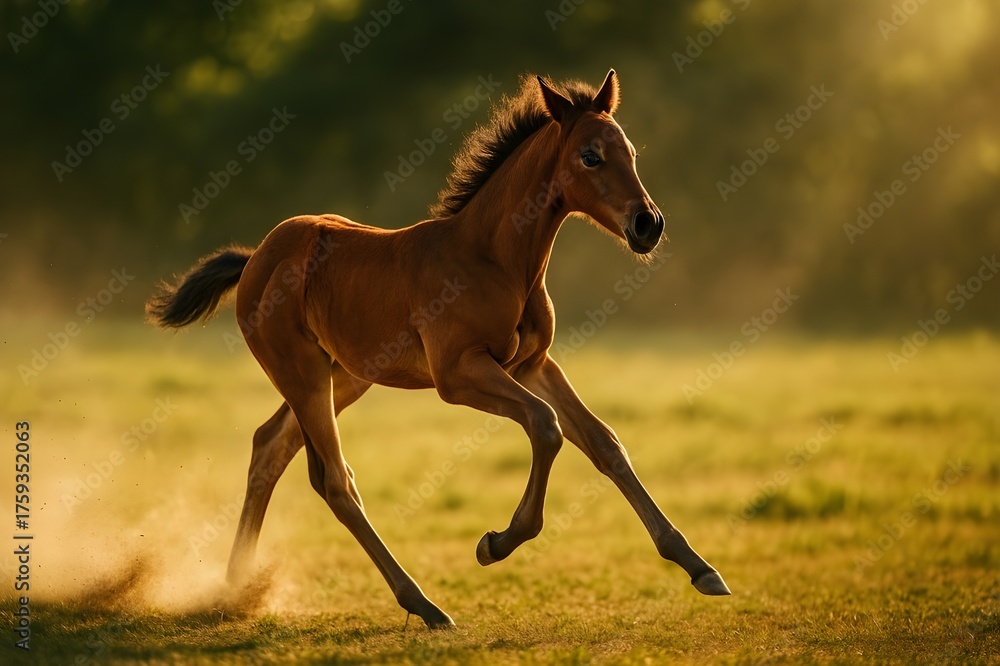 Fototapeta premium Young Foal Running in Golden Field – Freedom and Energy