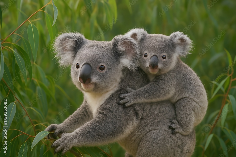 Naklejka premium Two Cute Koalas Hugging on Tree – Australian Wildlife Love