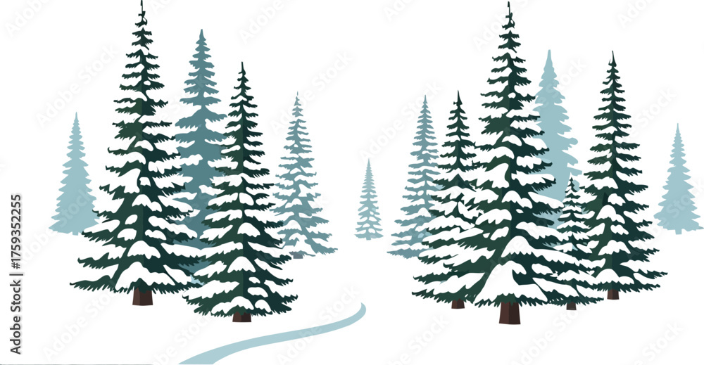 Obraz premium Snowy winter forest landscape with tall pine trees and a winding path creating a serene and peaceful christmas scene in a vector illustration