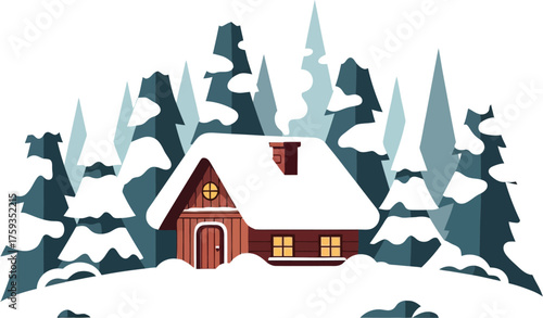 Cozy cabin nestled in a snowy forest landscape with smoke rising from the chimney on a cold winter day creating a peaceful and serene atmosphere
