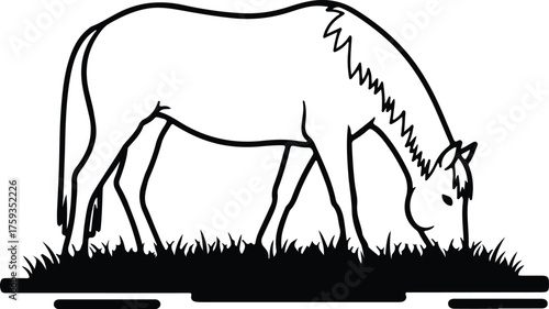 Vector Horse grazing in grass minimal style silhouette illustration