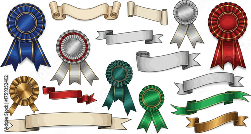 Celebrate success with this collection of vibrant award ribbons and banners perfect for achievements and recognition