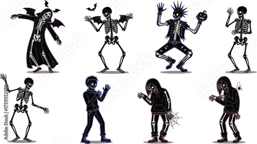 Spooky Halloween skeletons in various costumes including grim reaper, punk rocker, and modern styles, perfect for festive designs and celebrations