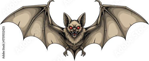 Fierce vampire bat with glowing red eyes and outstretched wings ready to strike, evoking fear and mystery