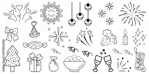 Hand drawn Merry Christmas doodle set. Retro vintage new year party. Christmas tree, gift boxes, stars, winter holiday, champagne, wreath, candle, cake, Christmas toys, bows. Sketch firework party.