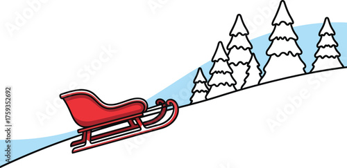 Red christmas sleigh gliding down a snowy hill with snowcovered pine trees in the background creating a festive winter holiday scene
