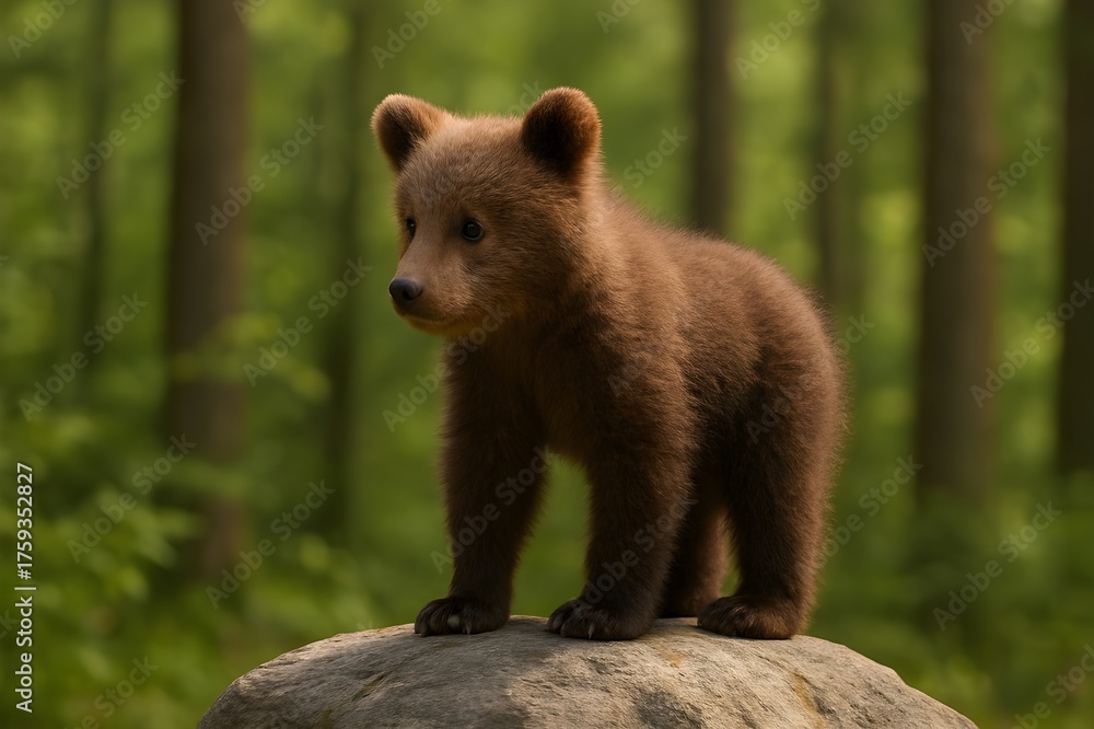 Fototapeta premium Baby Bear Standing on Rock in Forest