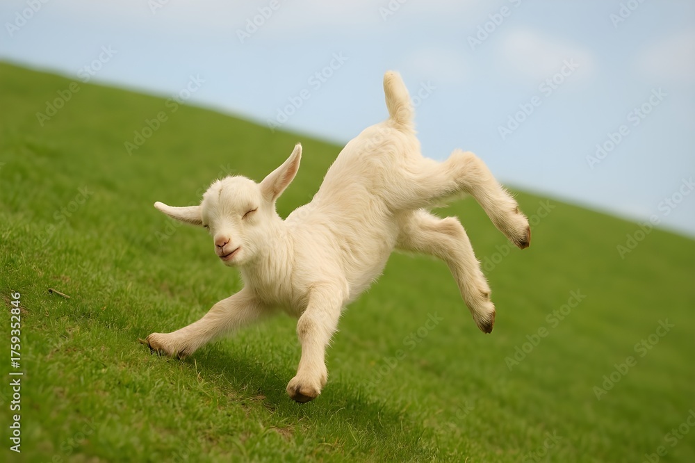 Obraz premium Baby Lamb Jumping on Green Meadow