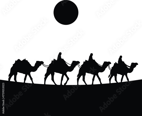 Vector Three wise men riding camels silhouette illustration